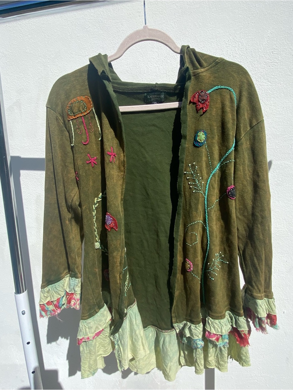 Y2K EURO Fairy Green Embroidered Ruffle Fairy Hooded Cardigan Size S/M
